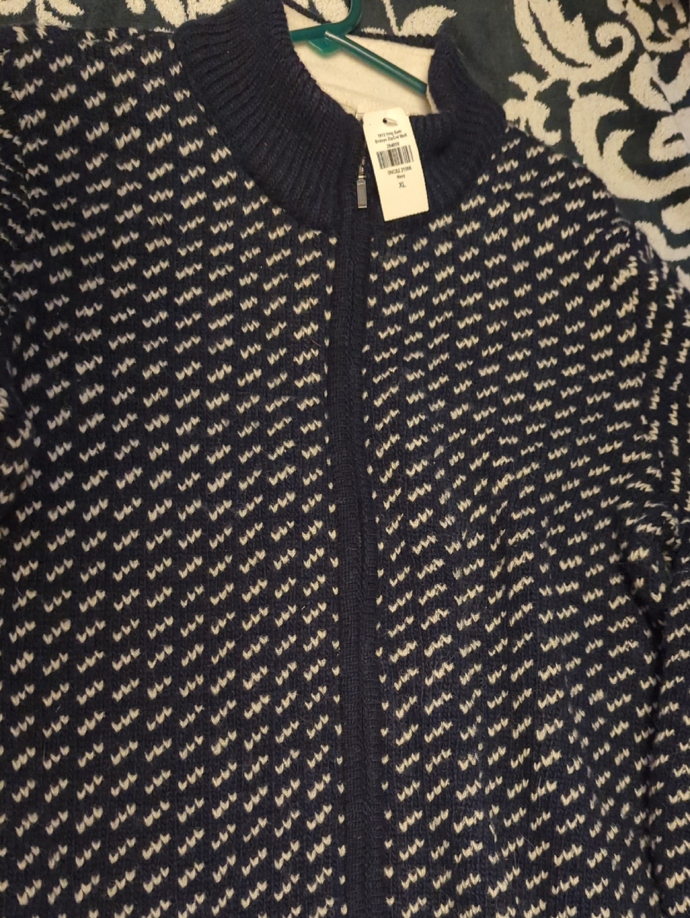 Norwegian Wool Navy and White Zip-Front Knit Cardigan LL Bean - XL